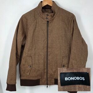 Bonobos Bomber Jacket Brown Herringbone Linen Blend Men's Medium  Full Zip